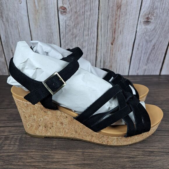 UGG Uma Cork Suede Strappy Wedge Sandals Women's Sz 9 Black (VGC) - Picture 3 of 9